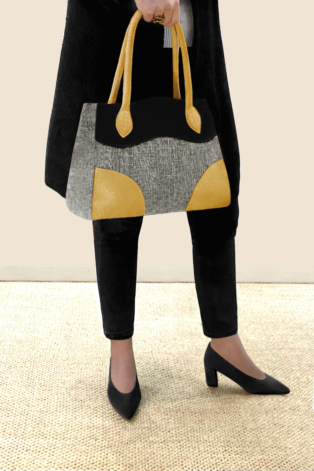 Ash grey, matt black and mustard yellow women's dress handbag, matching pumps and belts. Worn view - Florence KOOIJMAN